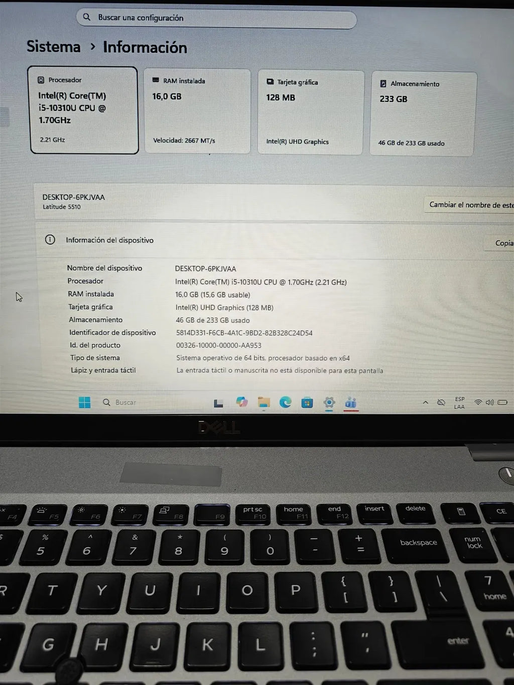 Laptop Dell Latitude 5510 Intel i5 10310u 16GB  250 SSD 15.6" - Portátil Usado Certificado